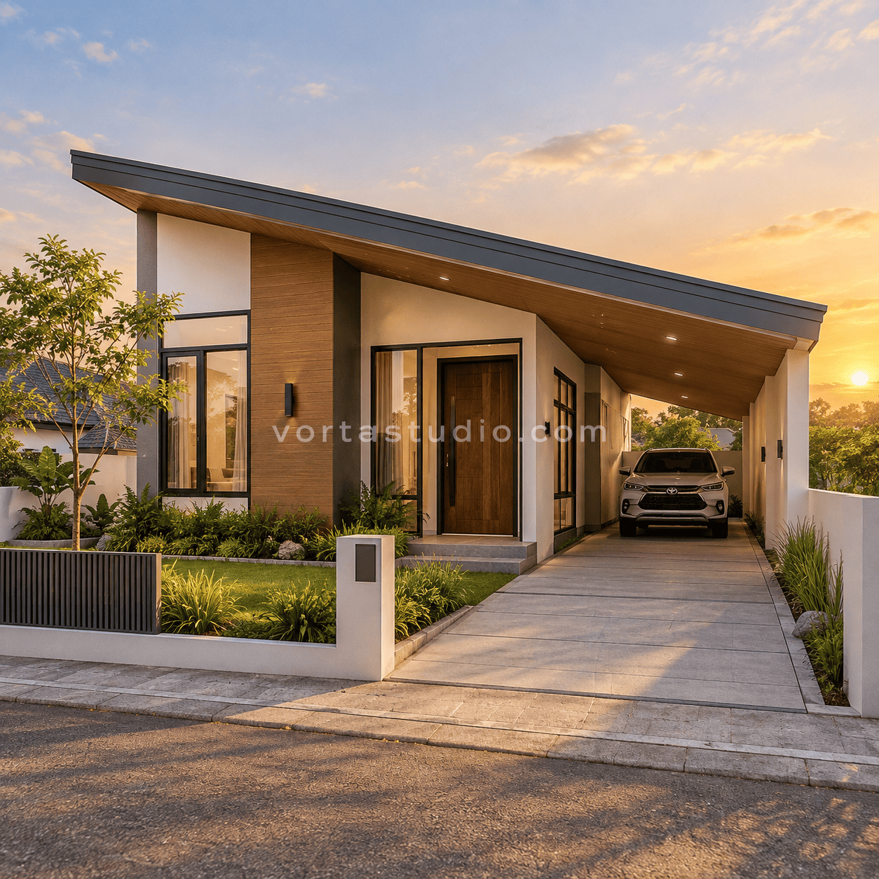 Sample desain rumah minimalis modern atap miring ekstra panjang VS-172 — Vorta Studio