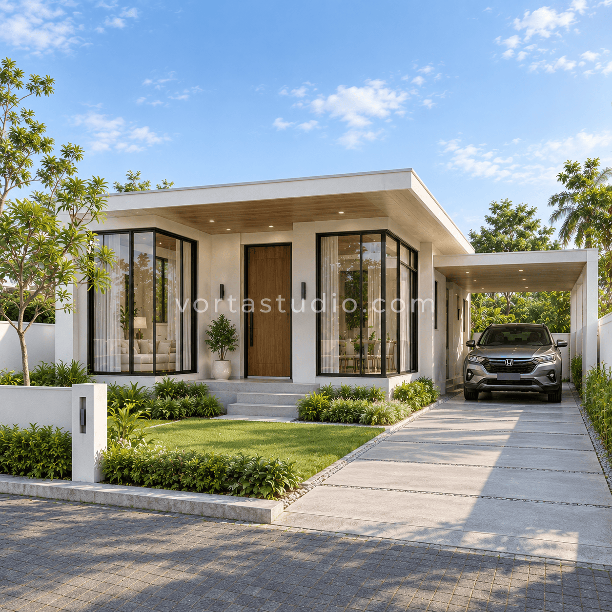 Sample desain rumah minimalis modern fasad kaca sudut ganda VS-173 — Vorta Studio