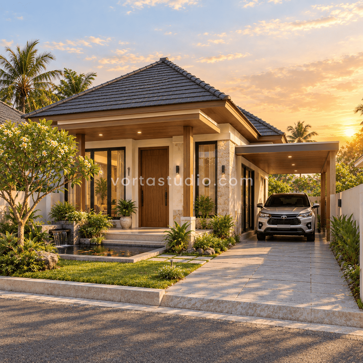 Sample desain rumah tropis minimalis modern kolam ikan kecil VS-174 — Vorta Studio