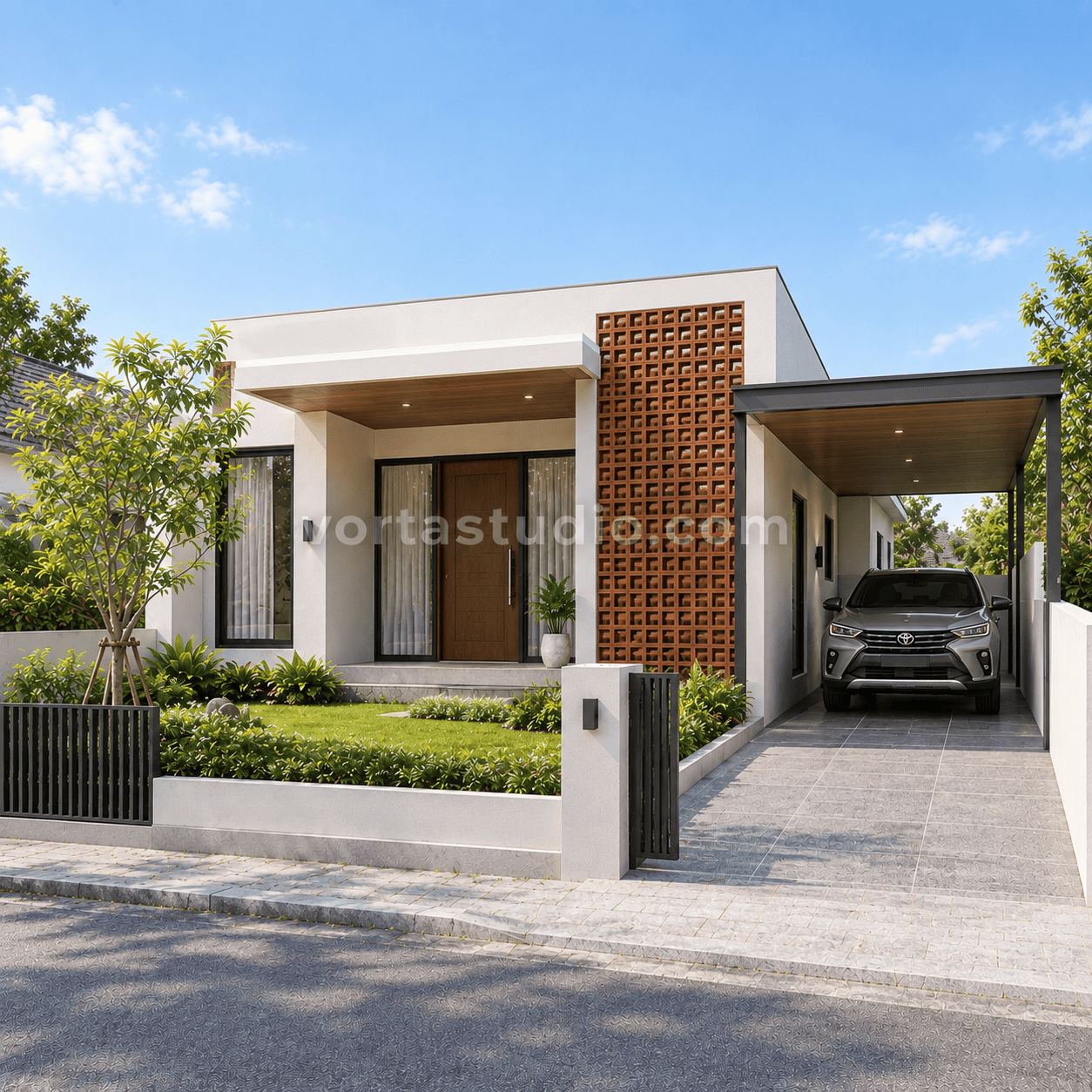 Sample desain rumah minimalis modern dinding batu bata roster VS-175 — Vorta Studio