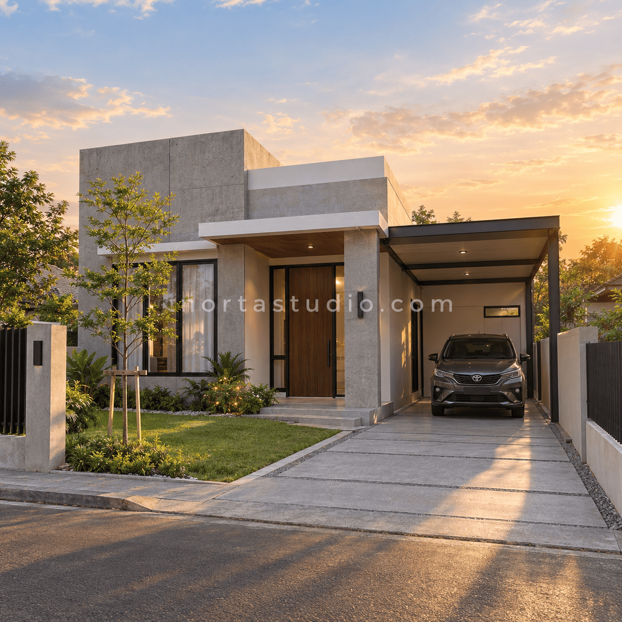 Sample desain rumah industrial minimalis modern fasad semen ekspos VS-176 — Vorta Studio