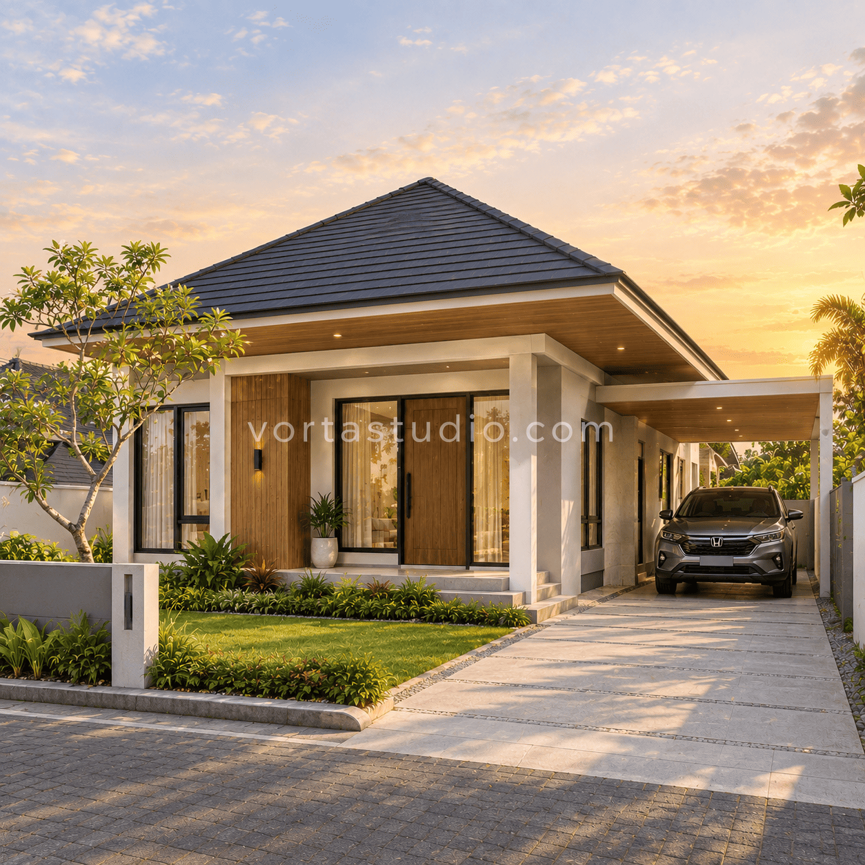 Sample desain rumah minimalis modern atap perisai curam overhang lebar VS-180 — Vorta Studio