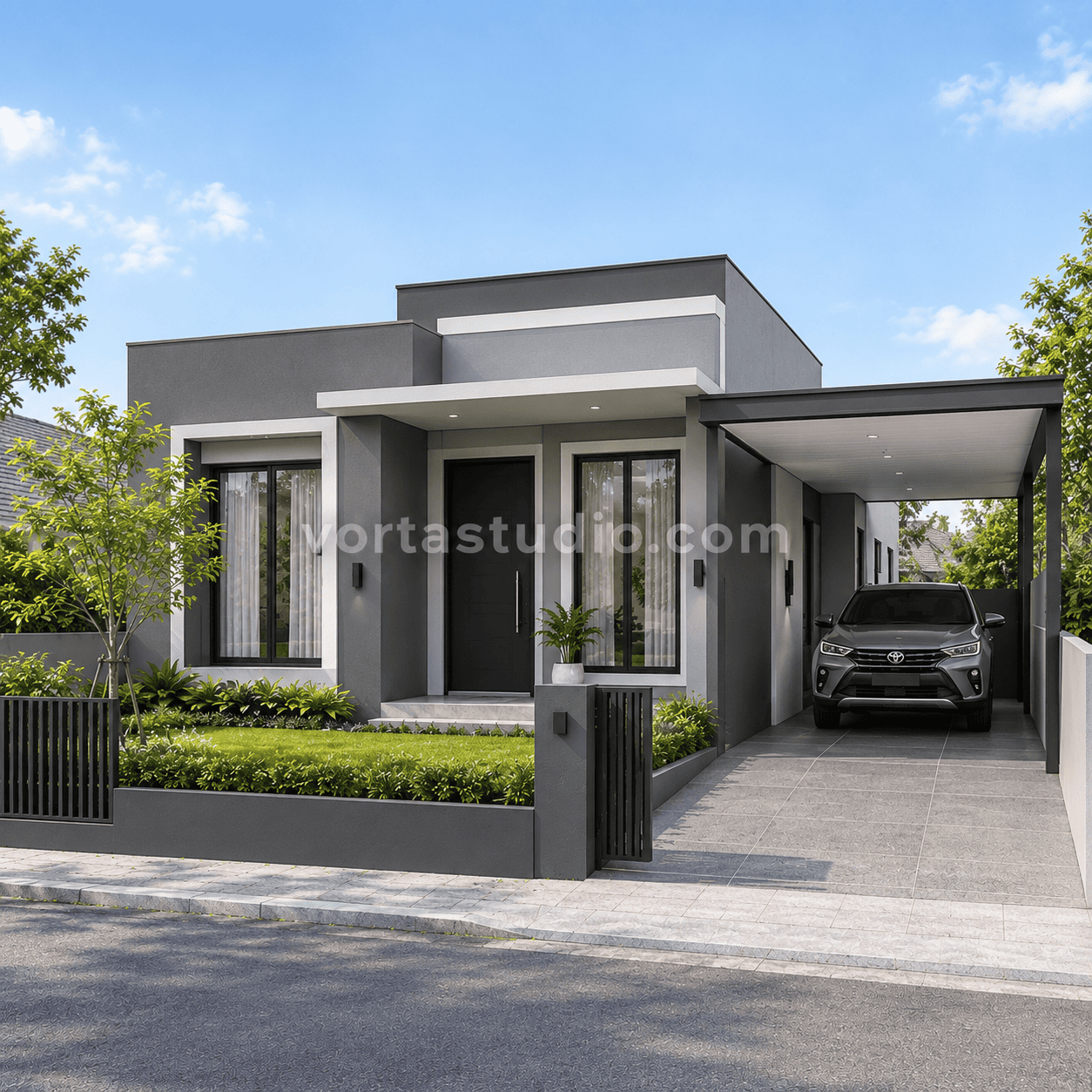 Sample desain rumah monokrom minimalis modern fasad abu gelap VS-181 — Vorta Studio