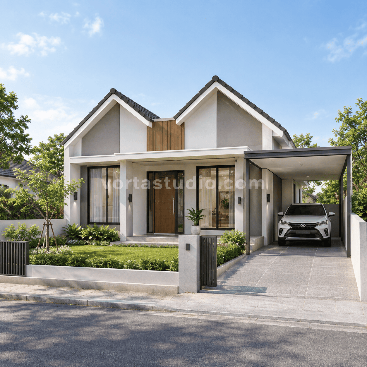 Sample desain rumah minimalis modern atap pelana ganda simetris VS-183 — Vorta Studio