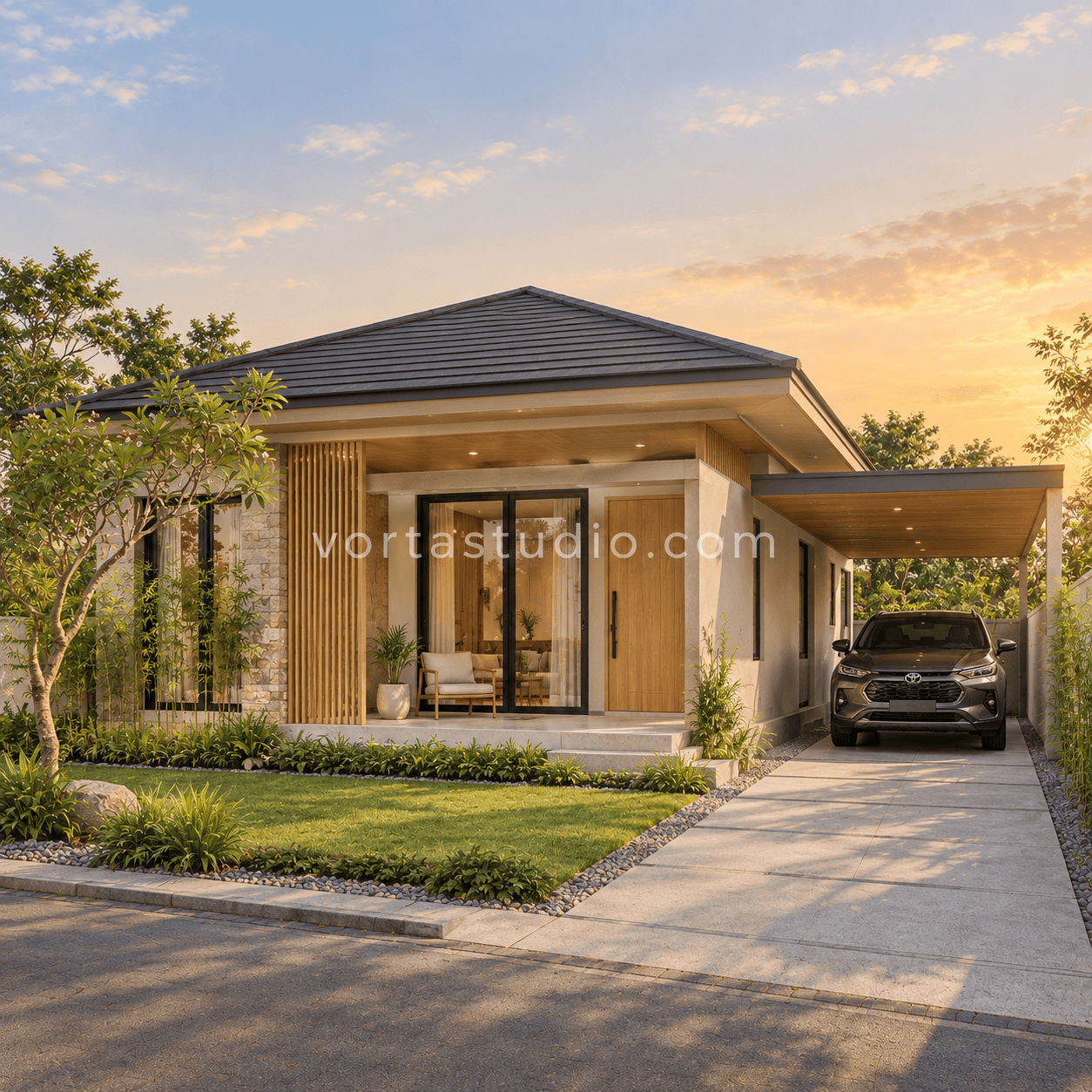 Sample desain rumah japandi minimalis modern genteng metal charcoal VS-184 — Vorta Studio