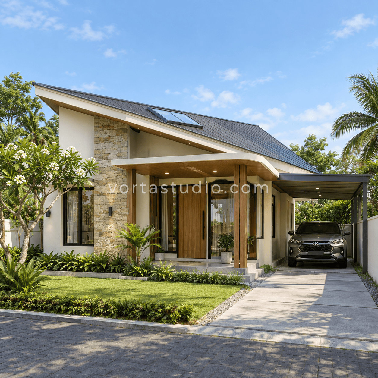 Sample desain rumah tropis minimalis modern skylight atap miring VS-185 — Vorta Studio