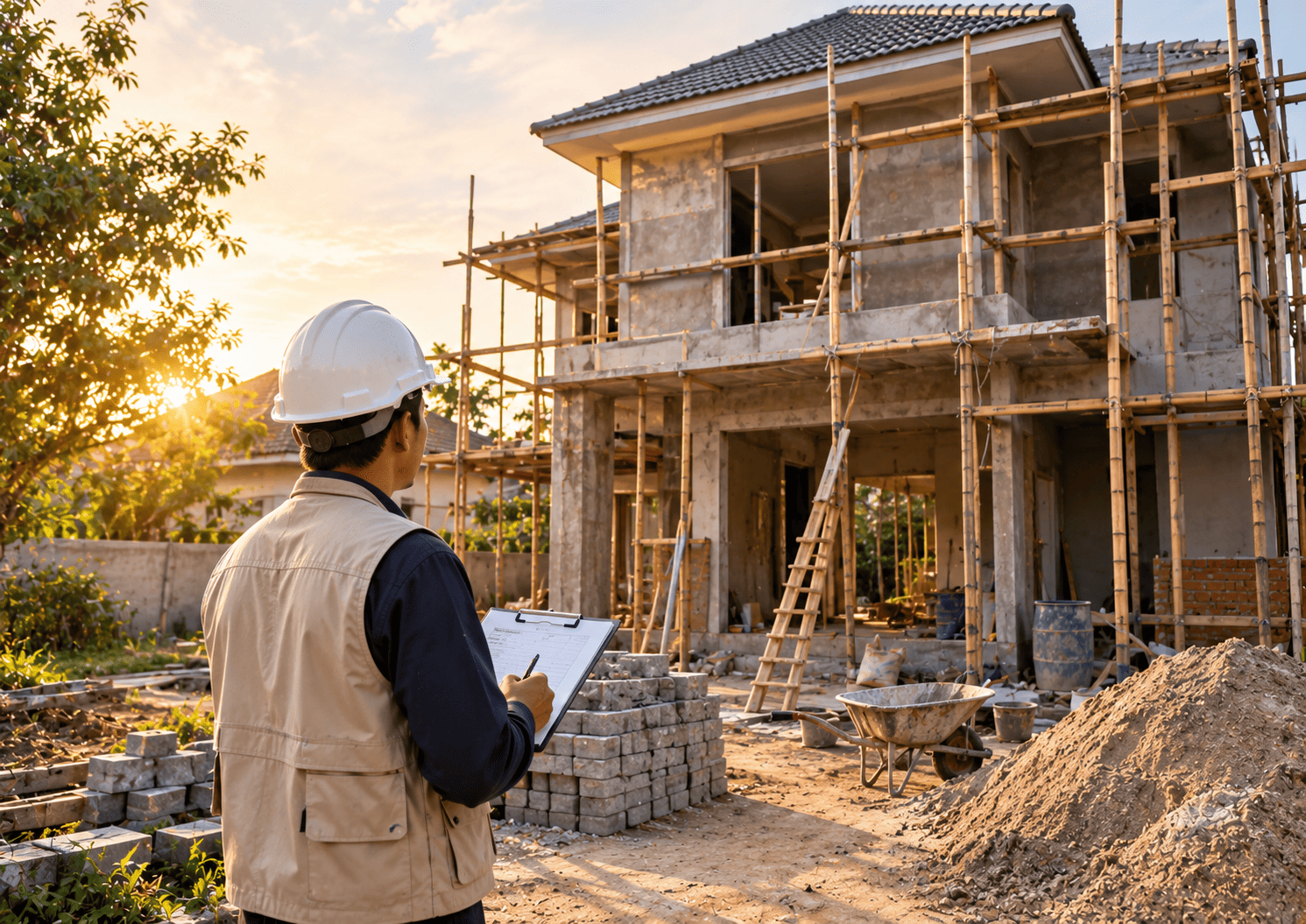 Pengawas memeriksa progres pembangunan rumah di lapangan