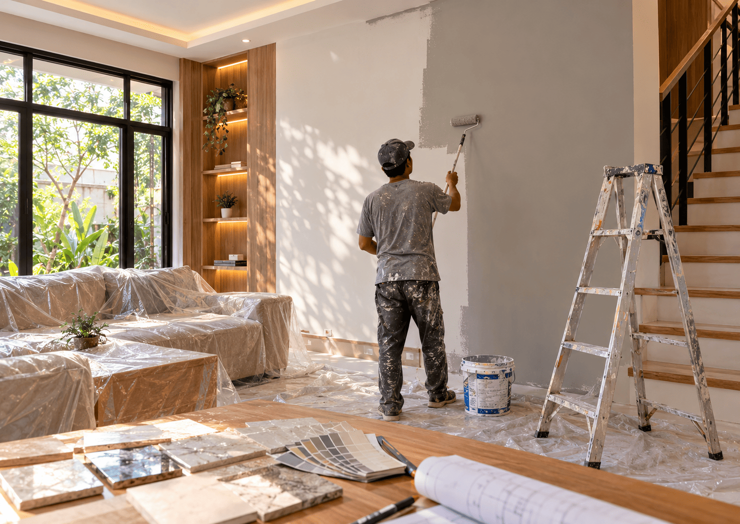 Tukang mengerjakan finishing rumah: pengecatan dinding, pemasangan lantai, dan plafon