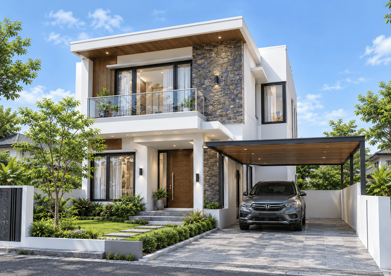 Visual 3D tampak depan rumah saat siang