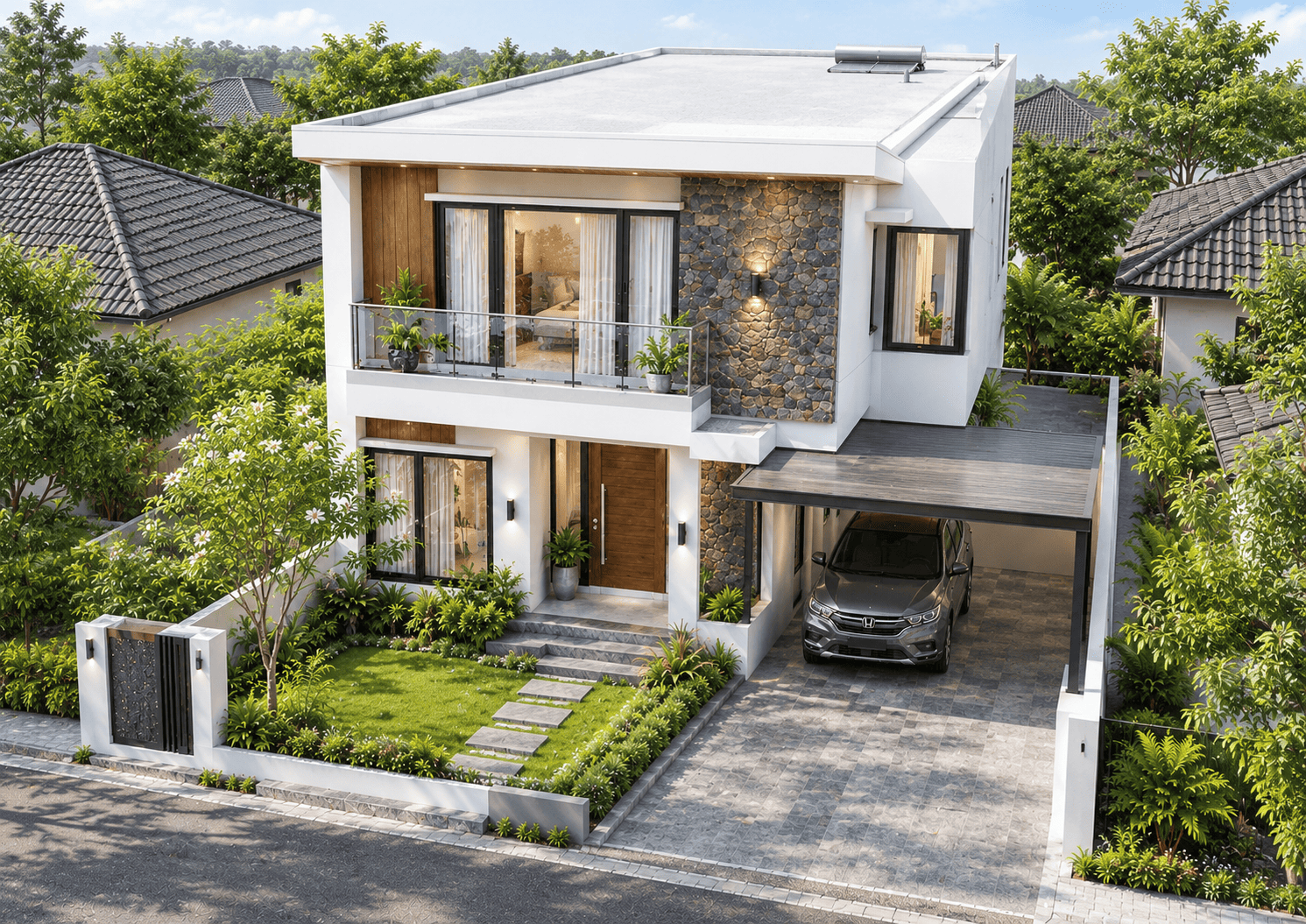 Visual 3D pandangan drone rumah, atap, dan lahan
