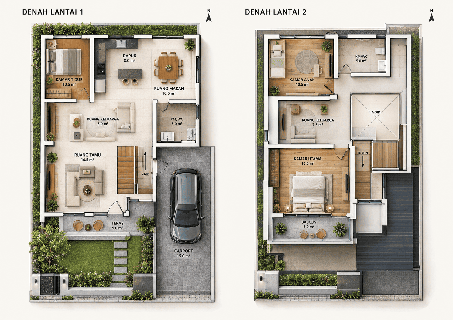 Denah berwarna lantai 1 dan lantai 2 rumah