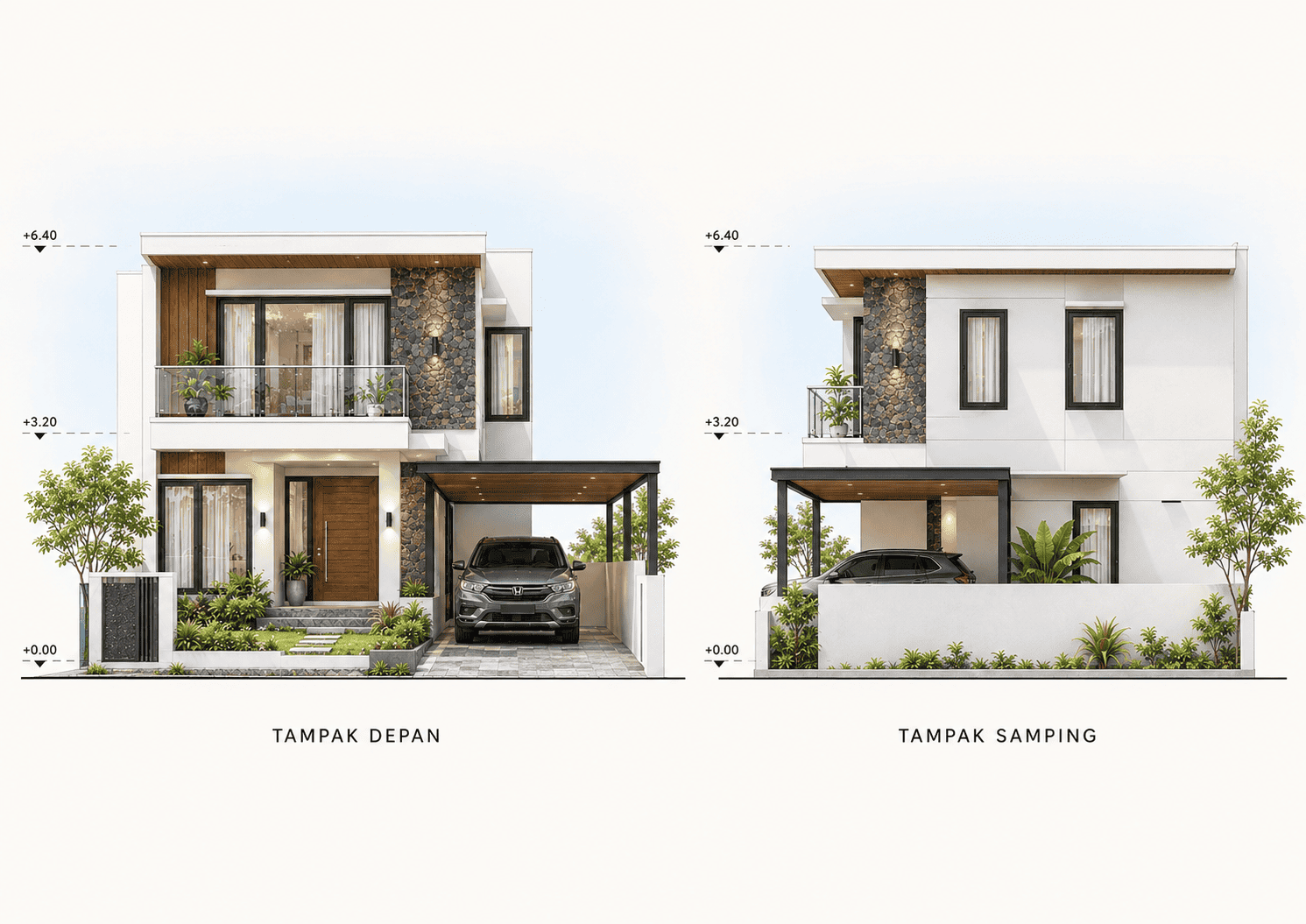 Tampak depan dan tampak samping berwarna rumah