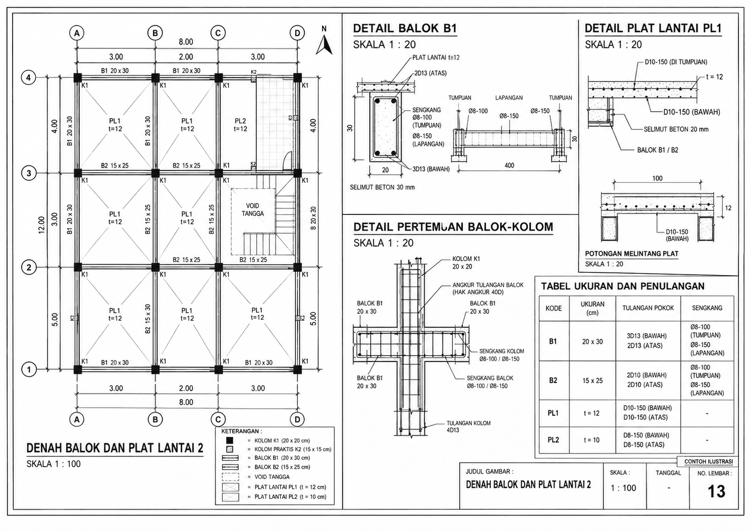Denah kolom, balok, plat lantai, dan detail penulangan
