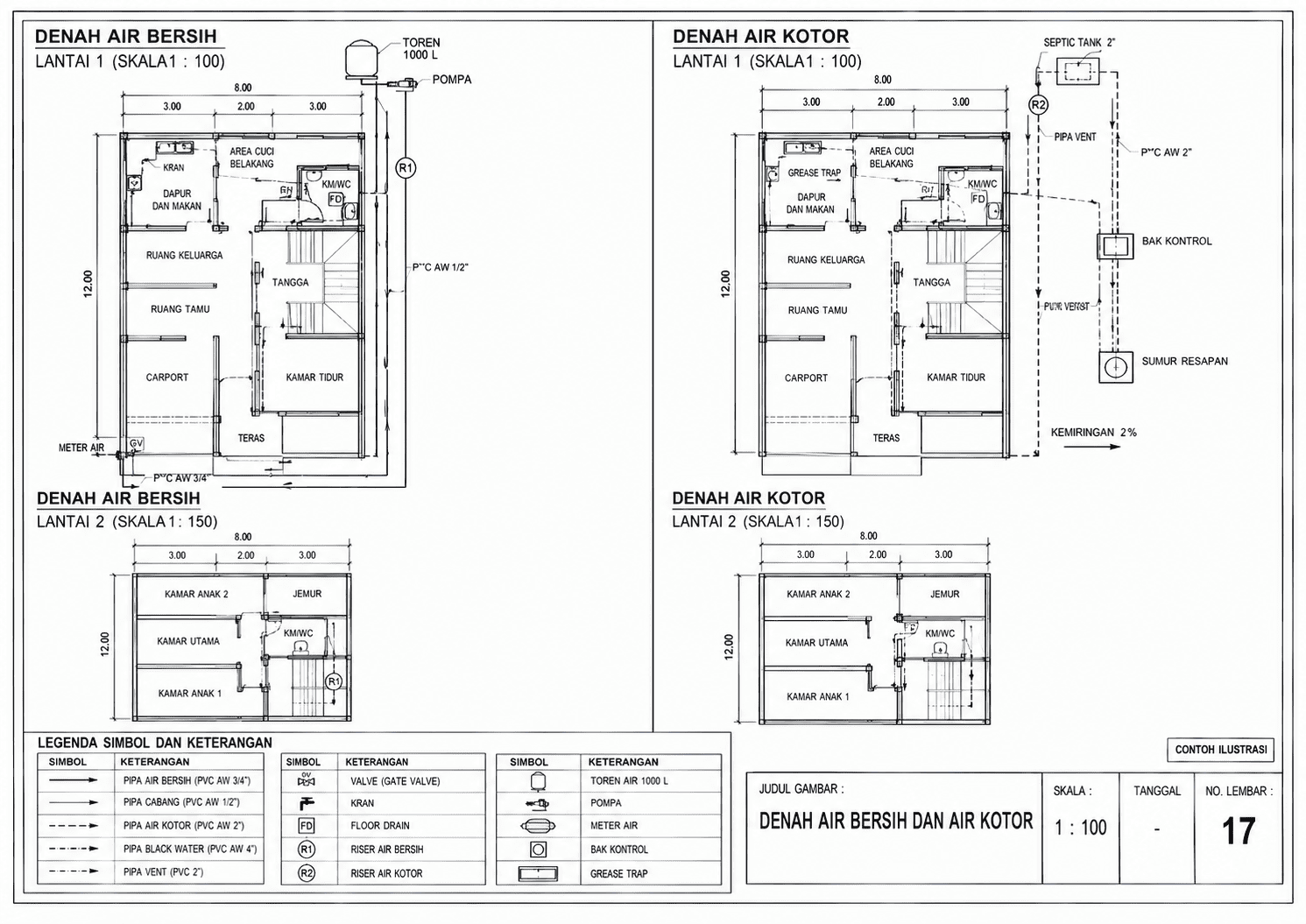 Denah air bersih, air kotor, isometri plumbing, dan septic tank