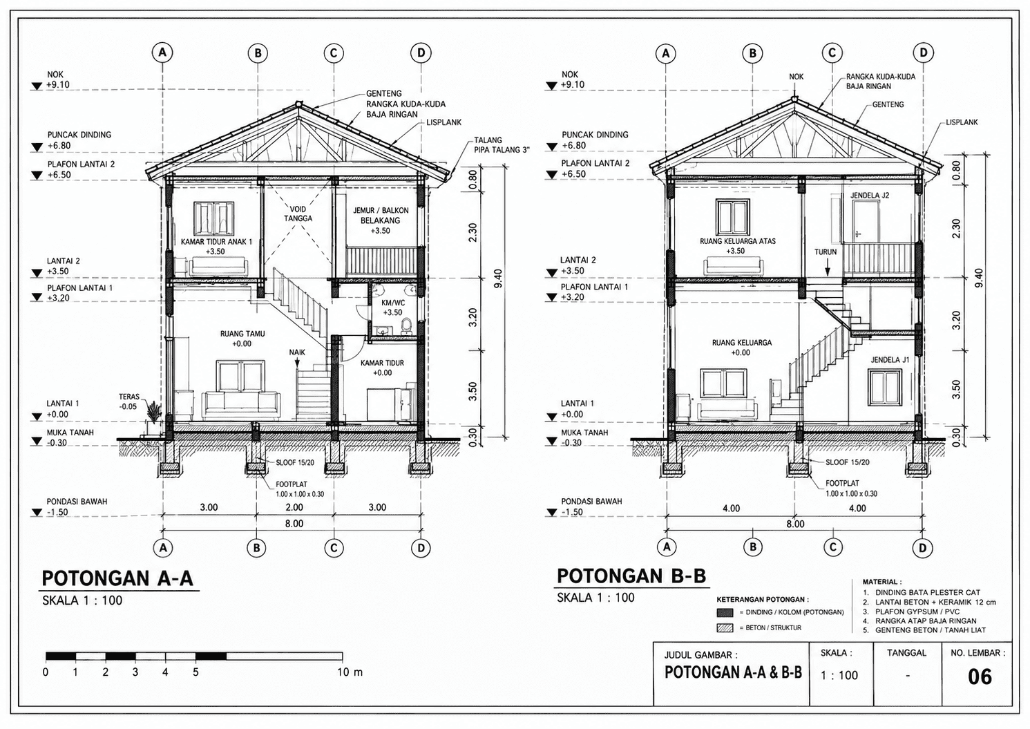 Potongan A-A dan B-B gambar kerja