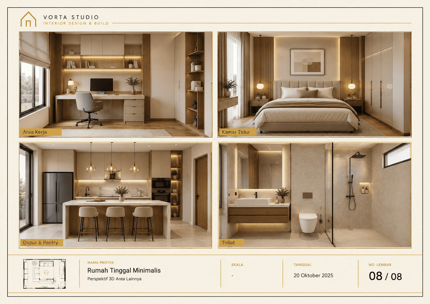 Perspektif 3D area kerja, privat, pendukung, dan toilet