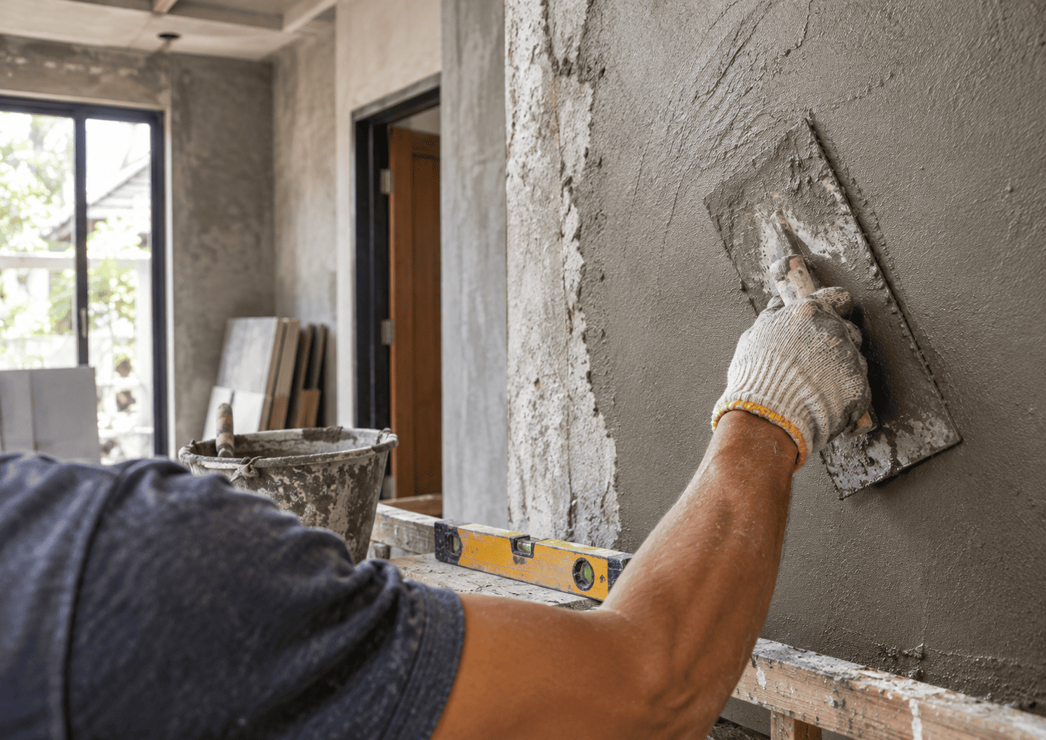 Tukang bekerja pada detail renovasi rumah