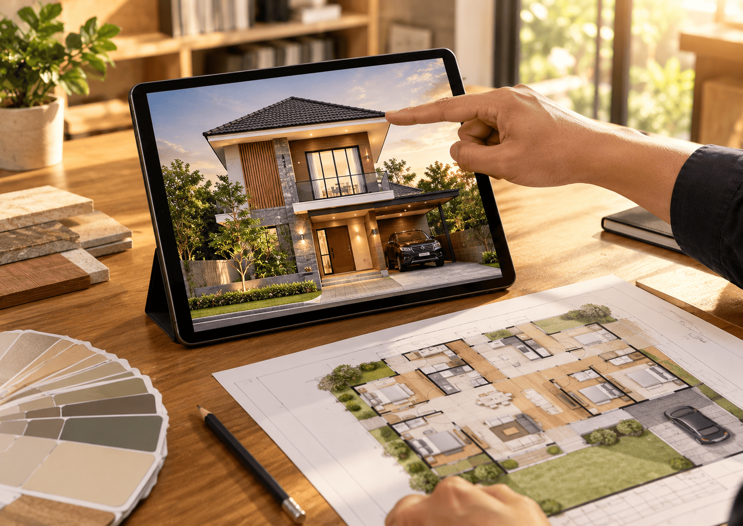 Visual 3D tampak depan rumah dan denah berwarna