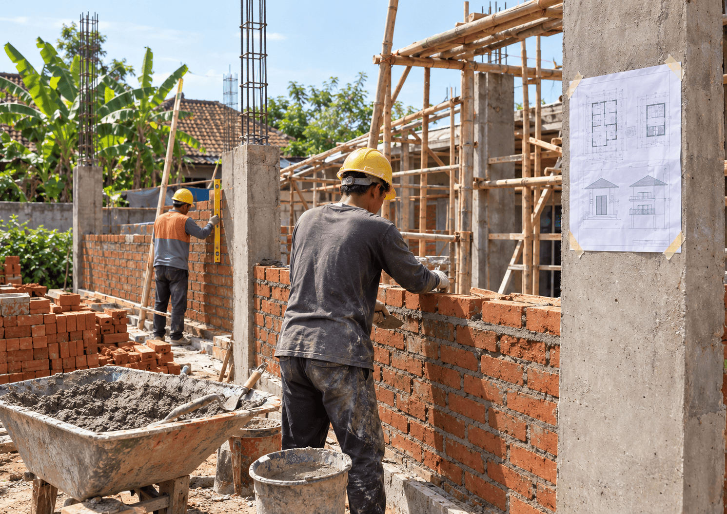 Tukang membangun rumah dengan gambar kerja terbuka di lokasi