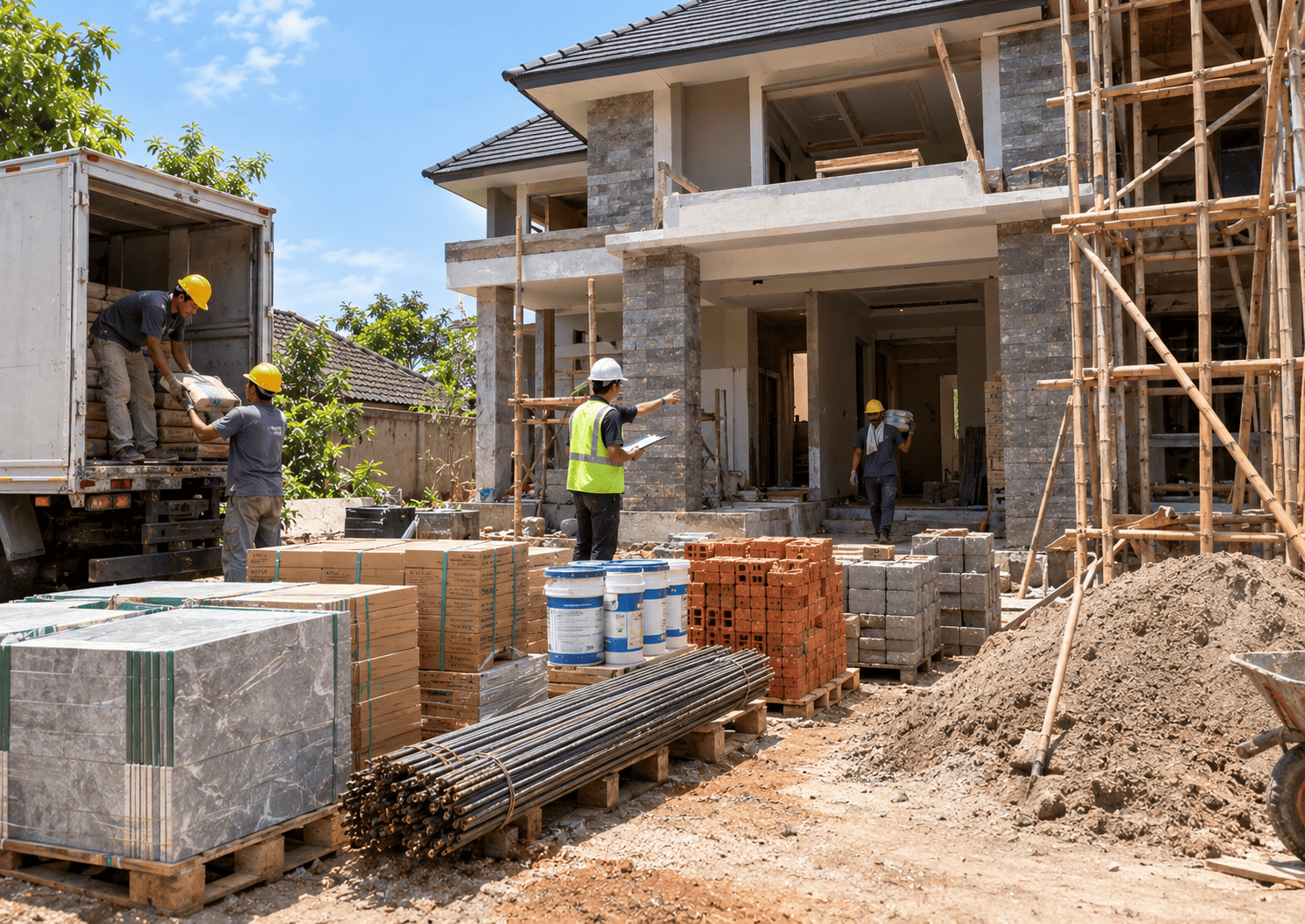 Material bangunan tertata di lokasi dan tukang bekerja terkoordinasi
