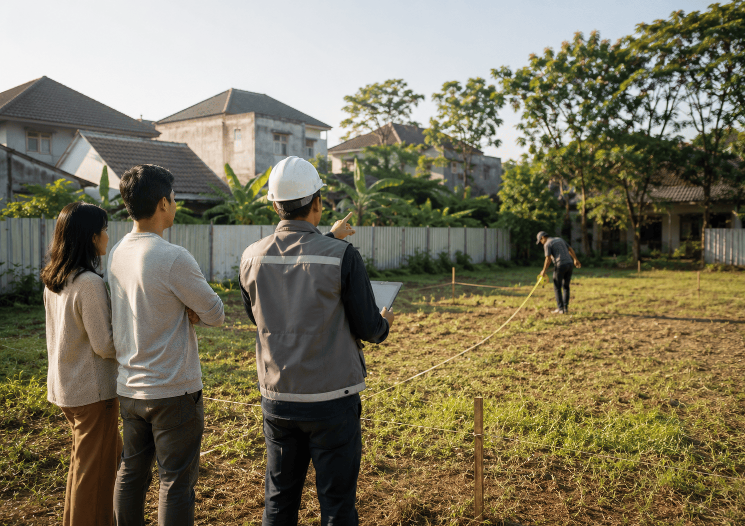 Tim survey mengukur dan memeriksa kondisi lahan bersama calon pemilik rumah