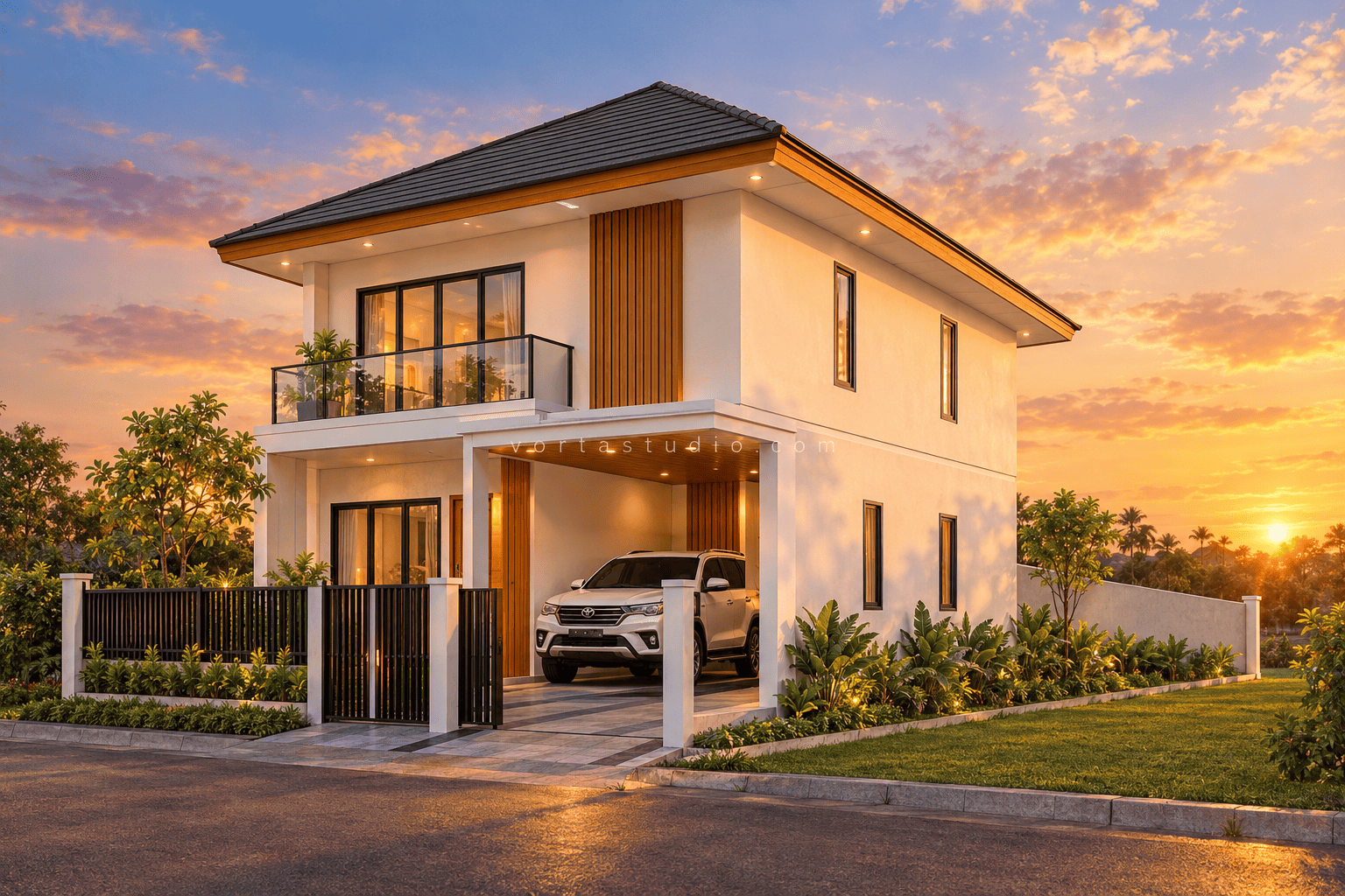 Tampak Carport Sudut Kanan — Sunset